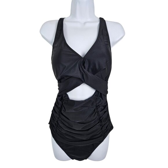 Womens Large Black Crisscross Ruched One-Piece Swimsuit Adjustable Straps Cutout - Picture 4 of 11